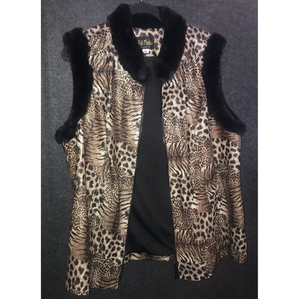 Bob Mackie Vest Zip Wearable Art Brown Safari Animal Print Black Faux Fur Trim - Picture 5 of 11